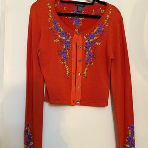 Vibrant Orange and Purple Cardigan with Intricate Embroidery